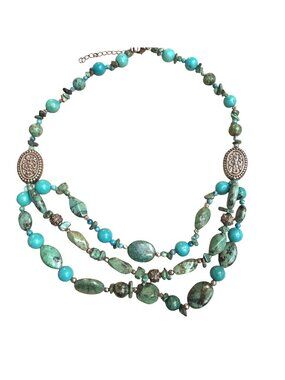 Necklace Multi-Strand Faux Turquoise Stone Bohemian Silver Tone 20-21 inches